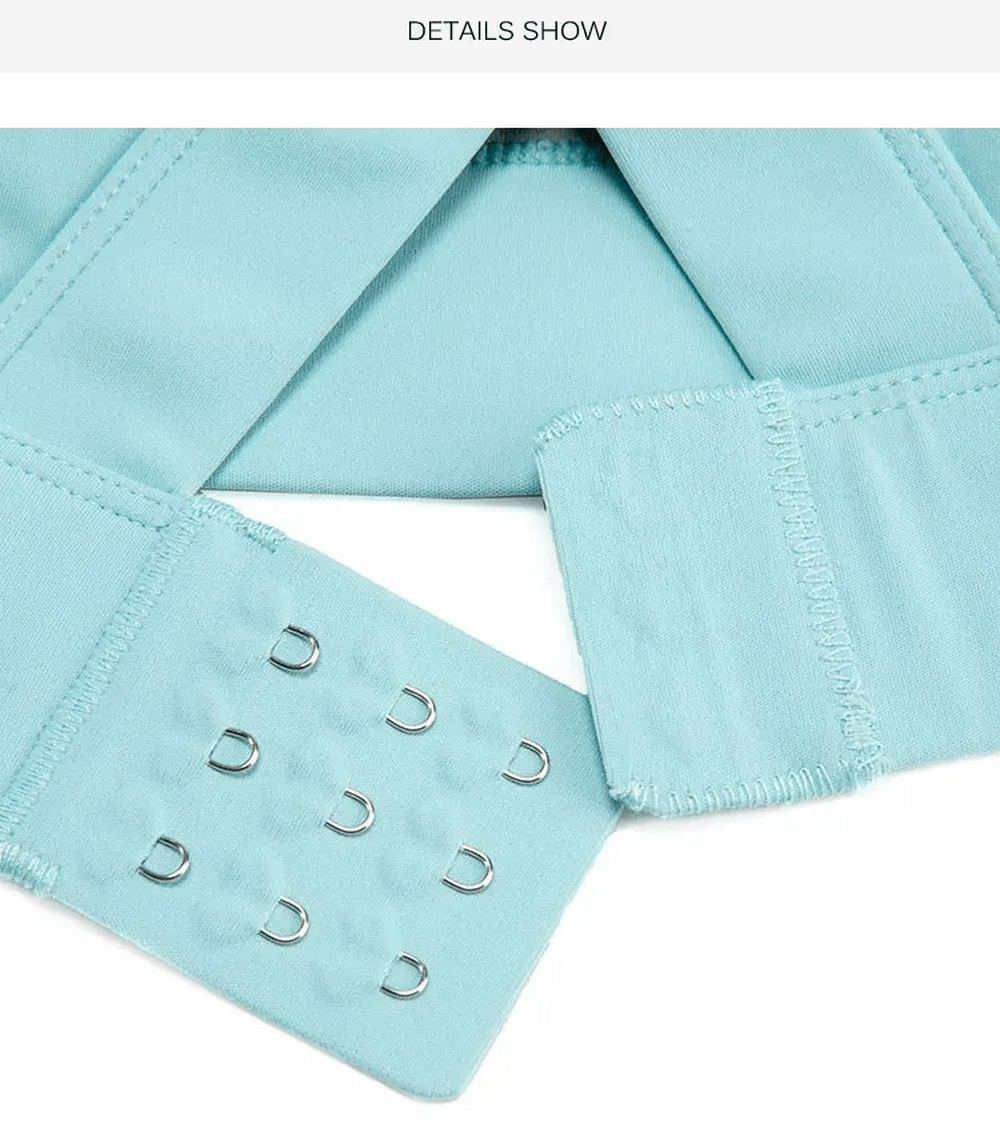 Close-up of athletic clothing set clasp and fabric detail in light blue, showcasing quality stitching and multiple hook fasteners.
